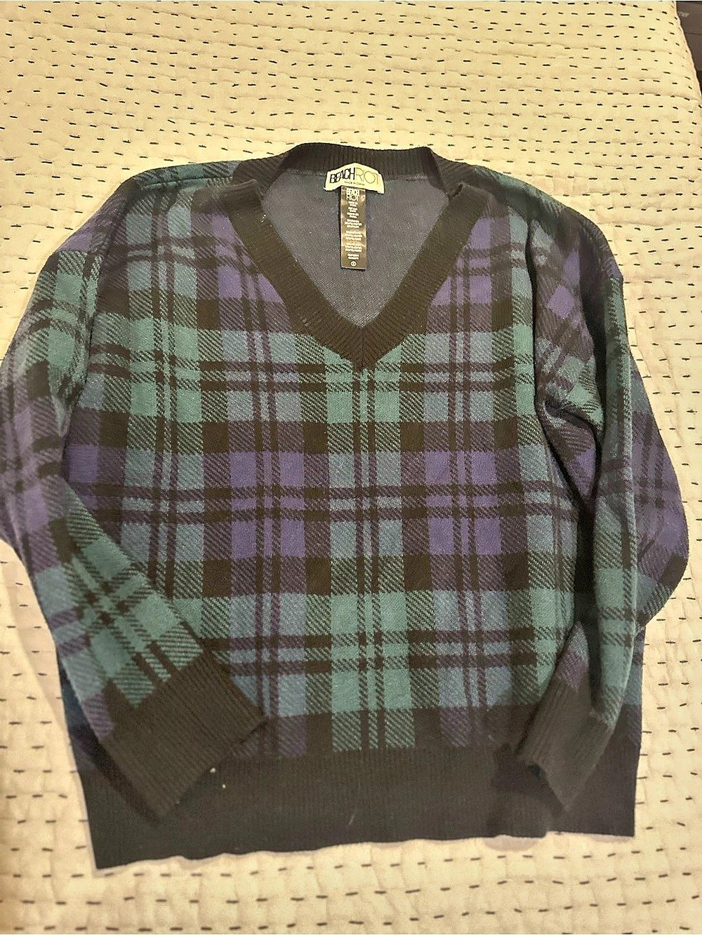 Beach Riot Plaid V-Neck Sweater in Green & blue